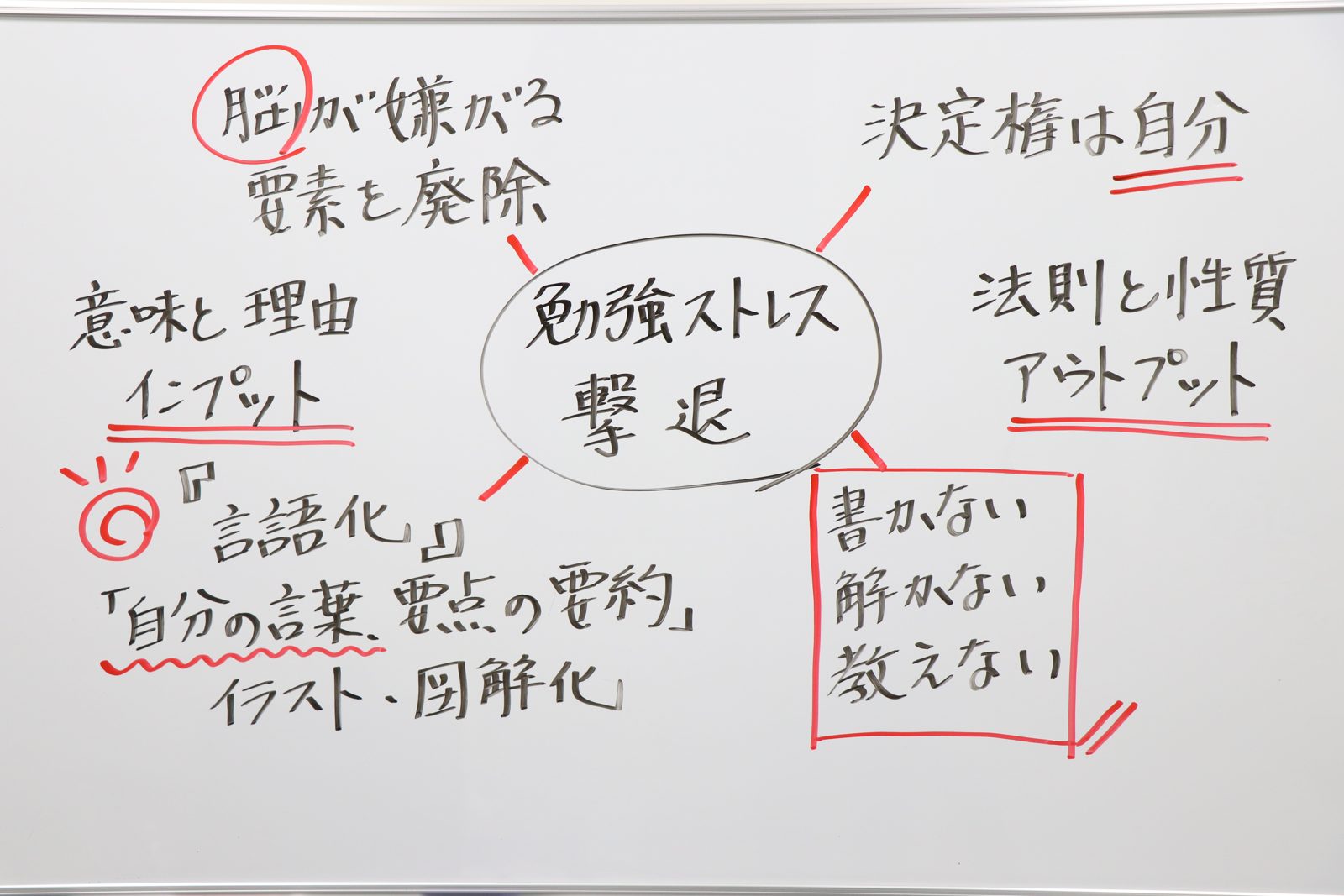 塾長の板書「勉強ストレス撃退」。言語化、自分の言葉、要点の要約、イラスト・図解化